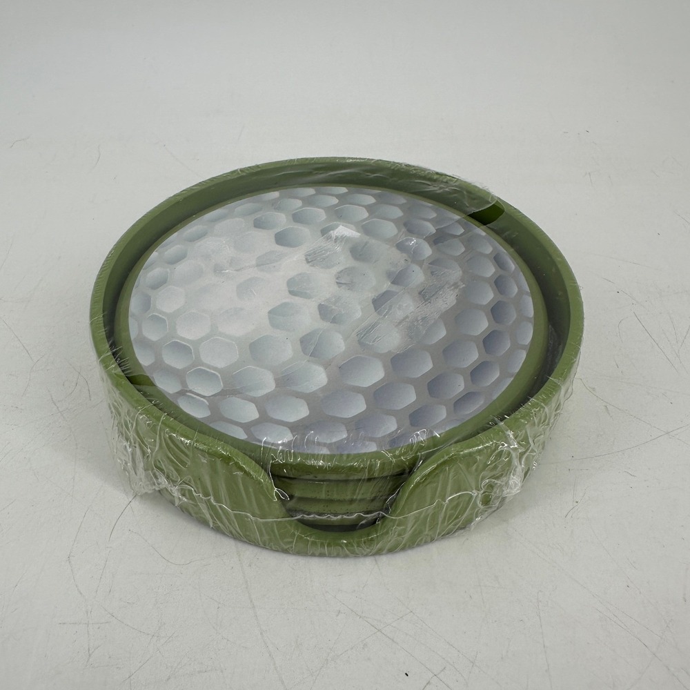 Pfaltzgraff Golf Ball Coaster Set of 4 with Green Holder 5293323 New